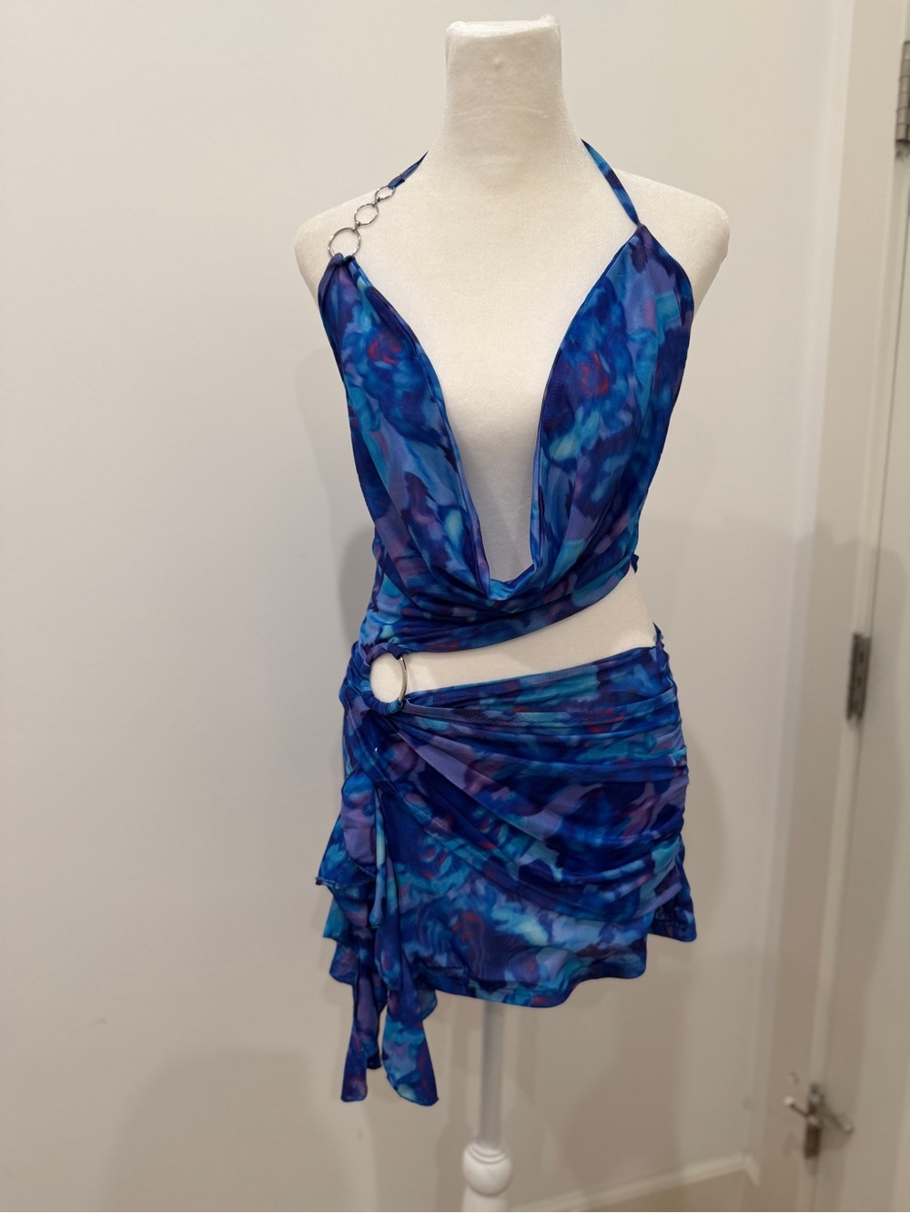 Blue Watercolor Halter Mini Dress From Outcast